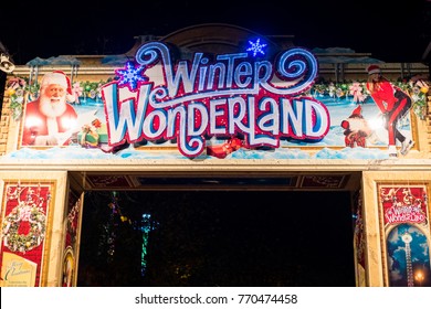 London, United Kingdom - 17 November 2017: Winter Wonderland Sign at the entrance of the fair. It is a Christmas Market in Hyde Park, London.