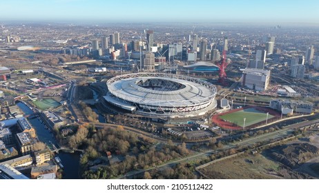 London, United Kingdom - 20 December 2021: Aerial drone photo of iconic London Stadium in Queen Elisabeth park