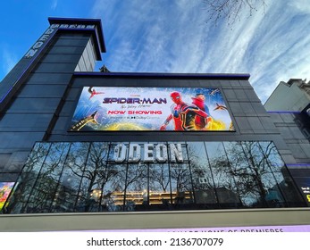 LONDON, UNITED KINGDOM - 2022-01-02: Spider-Man Far From Home Movie Advertising Outside The Odeon Cinema In Leicester Square London.