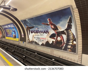 LONDON, UNITED KINGDOM - 2022-01-02: Spider-Man Far From Home Movie Advertising Outside The Odeon Cinema In Leicester Square London.