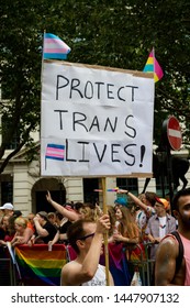 London, United Kingdom, 6th July 2019:- Participants In London Pride 2019 Calling For The Protection Of Trans Rights