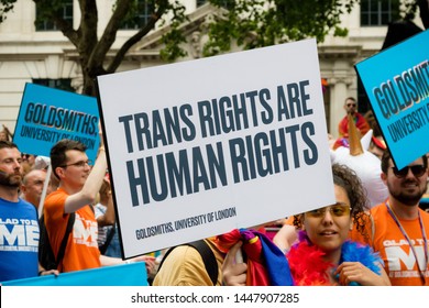 London, United Kingdom, 6th July 2019:- A Sign Stating Trans Rights Are Human Rights At London Pride 2019