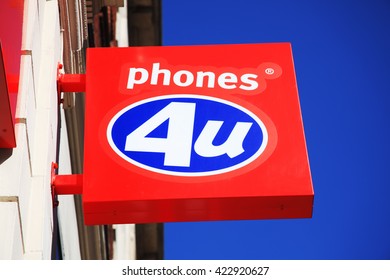 London, United Kingdom, April 1, 2012 : Phones 4U logo advertising sign on one of its branch retail outlets in Oxford Street