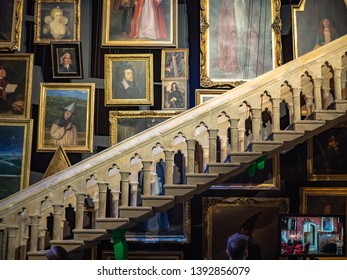 London, United Kingdom - April 11, 2019: Grand Staircase of Hogwarts school is exhibited at Warner Bros. Studio Tour London.