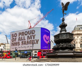 London, United Kingdom, April 14th 2020,Piccadilly Circus screen. due to the devotion of NHS personal here is a message of gratitude 
