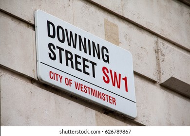 LONDON, UNITED KINGDOM - APRIL 15, 2017 - Downing Street is a street in London, in the United Kingdom, known for housing the official residence and office of the Prime Minister.