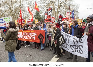 London, United Kingdom - April 16, 2016: Anti-Austerity March. One report had one hundred and fifty thousand people marching in London for the anti-austerity, anti-government march.