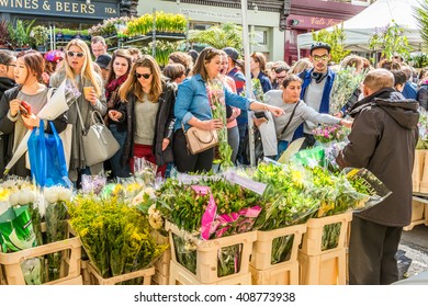 London, United Kingdom - April 17, 2016: Columbia Road Flower Sunday Market. Street Traders Are Selling Their Stock, People Choosing Flowers