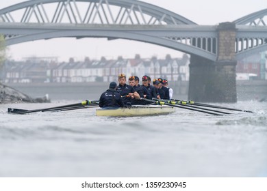 London / United Kingdom - April 2 : Oxford University Blue Boat out on the River Thames just a few days before The Boat Race 2019. 