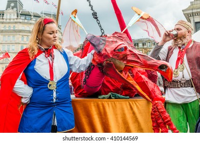 London, United Kingdom - April 23, 2016: St Georges Day Celebration At Trafalgar Square. Feast Of St Georges Festival. Big Red Interactive Puppet Dragon.