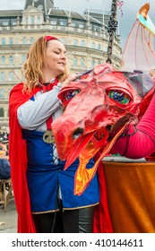 London, United Kingdom - April 23, 2016: St Georges Day Celebration At Trafalgar Square. Feast Of St Georges Festival. Big Red Interactive Puppet Dragon.