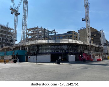 London / United Kingdom - April 24 2020: Tottenham Court Road Station Exterior Oxford Street View No People