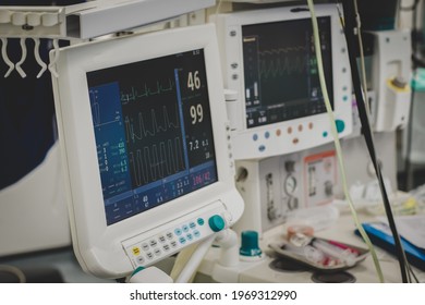 London, United Kingdom. April 25 2021. Anaesthesia monitor in theatre showing pulse, oxygen saturation, ECG, end tidal carbon dioxide and respiratory parameters.