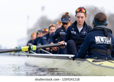 London / United Kingdom - April 3 2019: Oxford Womens' Blue Boat train on the Tideway with 4 days to go until they race Cambridge. Amelia Standing in the stroke seat, youngest member of the crew.