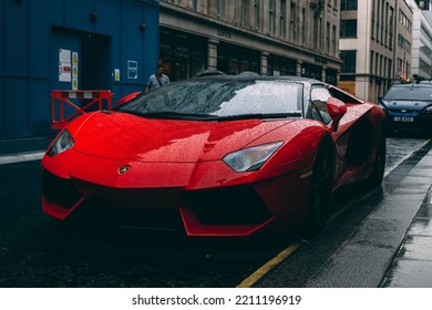 LONDON, UNITED KINGDOM - Aug 15, 2019: Lamborghini Outside Of 3 Savile Rd (The Beatles Old Office Where They Performed Their Rooftop Concert)