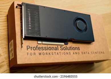 London, United Kingdom - Aug 5, 2022: Unboxing Nvidia RTX A4000 Ampere Workstation Professional Solutions Video Card GPU For CAD CGI Scientific Machine Learning - Most Powerful Single-slot GPU