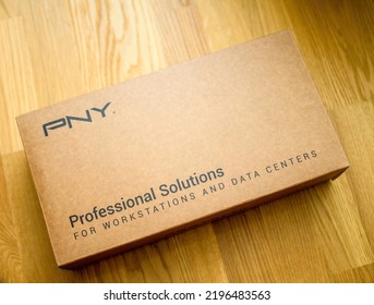 London, United Kingdom - Aug 5, 2022: Cardboard Box Of New PNY PRofessional Solutions Workstation Video Card GPU For CAD CGI Scientific Machine Learning