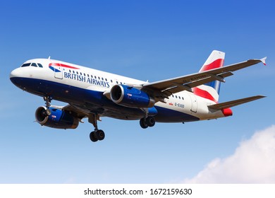 London, United Kingdom - August 1, 2018: British Airways Airbus A319 airplane at London Heathrow airport (LHR) in the United Kingdom.