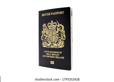 London, UNITED KINGDOM - AUGUST 1, 2020: British passport isolated on white background, new post-brexit edition in very dark blue almost black colour