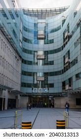 London, United Kingdom - August 10 2021:  The entrance to BBC Headquarters Broadcasting house on All Souls Place