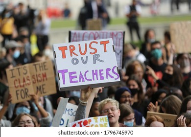 London / United Kingdom - August 16 2020: Students stage a demonstration in Parliament Square protesting the system change that effected A-level exam results.