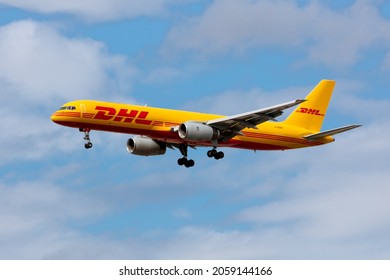 London, United Kingdom, August 2021 - DHL, Boeing 757 Cargo Plane coming in to land at Heathrow