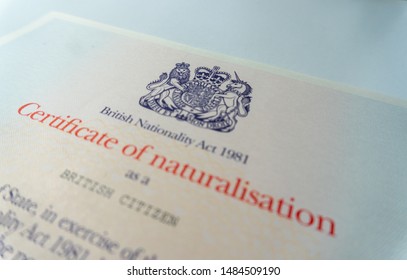 London / United Kingdom - August 21th 2019: Official Certificate Of Naturalisation Awarded To New British Citizens