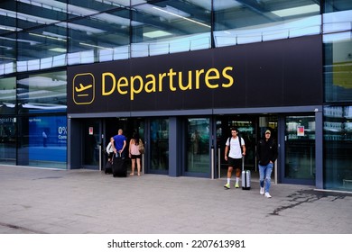 London, United Kingdom - August 22 2022: Entrance To Departures At Gatwick Airport. Incidental People.