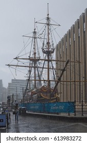 LONDON, UNITED KINGDOM- AUGUST 25, 2012: Golden Hinde, A Full-sized Reconstruction Of Sir Francis Drake Ship Seen In Pouring Rain