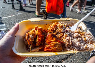 London / United Kingdom - August 26th 2019: Jamaican Jerk Chicken And Rice Street Food At The 53rd Edition Of Notting Hill Carnival (2019)