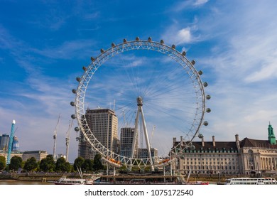 LONDON, UNITED KINGDOM - AUGUST 28, 2017 - View Of The London Eye And Surroundings From Westminster Millennium Pier.