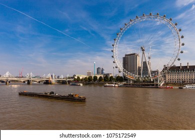 LONDON, UNITED KINGDOM - AUGUST 28, 2017 - View Of The London Eye And Surroundings From Westminster Millennium Pier.