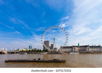 LONDON, UNITED KINGDOM - AUGUST 28, 2017 - View Of The London Eye And Surroundings From Westminster Millennium Pier.