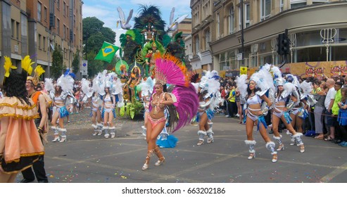 LONDON, UNITED KINGDOM - AUGUST 30, 2016 - London, Notting Hill Carnival. Parade Of  Dancers In Costume