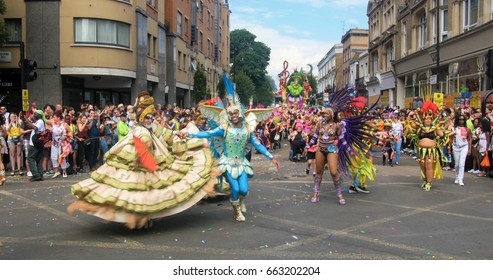 LONDON, UNITED KINGDOM - AUGUST 30, 2016 - London, Notting Hill Carnival. Parade Of  Dancers In Costume