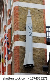 London, United Kingdom - August 6 2010: A German V-2 missile on display on a London City wall