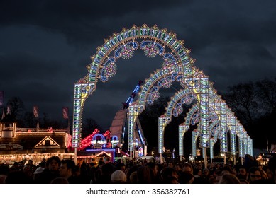 LONDON, UNITED KINGDOM - DECEMBER 12,: People at Winter Wonderland amusement park  in Hyde park  during Christmas and New years celebrations on December 12 2015 in London, United Kingdom.