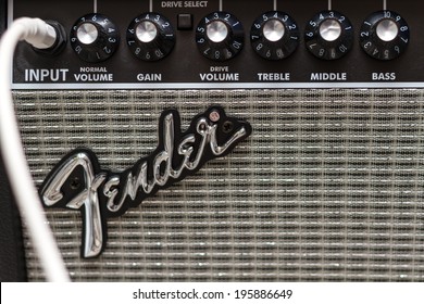LONDON, UNITED KINGDOM - DECEMBER 31, 2011: Closeup of Fender Frontman 15G amplifier. Very popular and affordable amplifier for beginners.