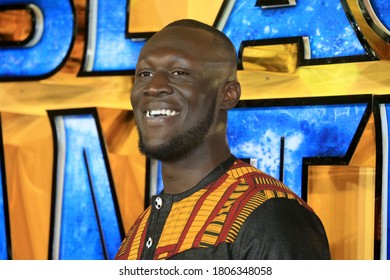 London, United Kingdom - February 08, 2018: Stormzy attends the European Premiere of 'Black Panther' at Eventim Apollo in London, UK.