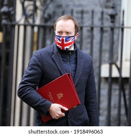 London, United Kingdom - February 15 2021:  Secretary of State for Health and Social Care Matt Hancock is seen outside 10 Downing Street.