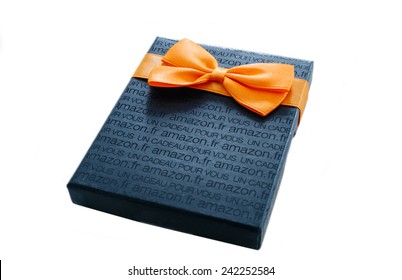 LONDON, UNITED KINGDOM - JAN 18, 2013: Close-up of Amazon Gift Card box isolated on white. Amazon Gift Box with A greeting Card is delivered in one-day shipping through the world