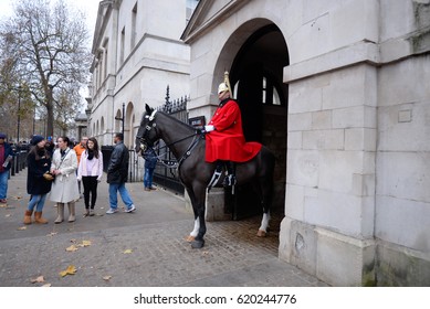 London, United Kingdom: January 14, 2017 - Horses guards changing shift daily as part of the routine in Westminster, London, United Kingdom.