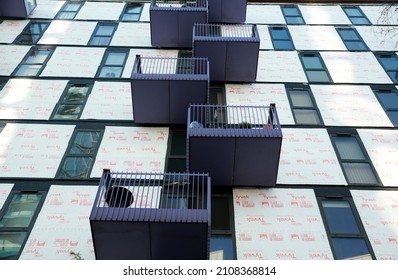 London, United kingdom - January 18, 2022: re-cladding work on a block of flats in a high rise building in east London, England.
