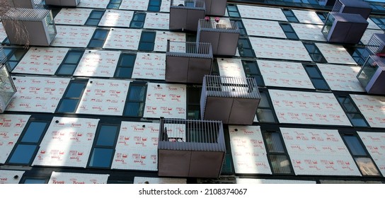 London, United kingdom - January 18, 2022: re-cladding work on a block of flats in a high rise building in east London, England.