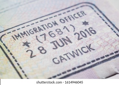 London, United Kingdom - January 2020: close up of immigration officer cutoms stamp in passport.