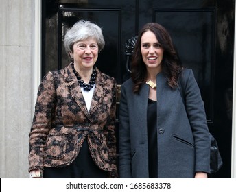 London, United Kingdom- January 21, 2019: Prime Minister Theresa May welcomes New Zealand Prime Minister Jacinda Ardern at Number 10 Downing Street in London, UK.