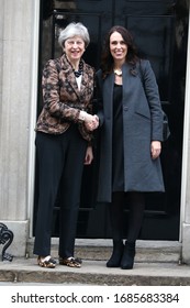 London, United Kingdom- January 21, 2019: Prime Minister Theresa May welcomes New Zealand Prime Minister Jacinda Ardern at Number 10 Downing Street in London, UK.