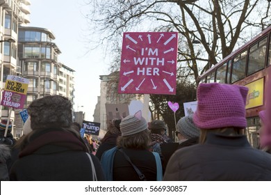 London, United KIngdom - January 21, 2017: London Women's March. A protest march in London in solidarity with the women's march in Washington DC showed the liberal people speaking out.