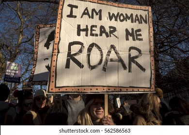 London, United KIngdom - January 21st, 2017: London Women's March. A protest march in London in solidarity with the women's march in Washington DC showed the liberal people speaking out.