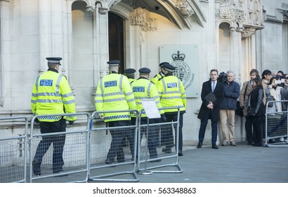 London, United Kingdom - January 24, 2017: Verdict Of The Supreme Court. The Verdict Of The Supreme Court Was Given To Day. A Queue Of Police Enter The Court Ahead Of The Public Waiting.